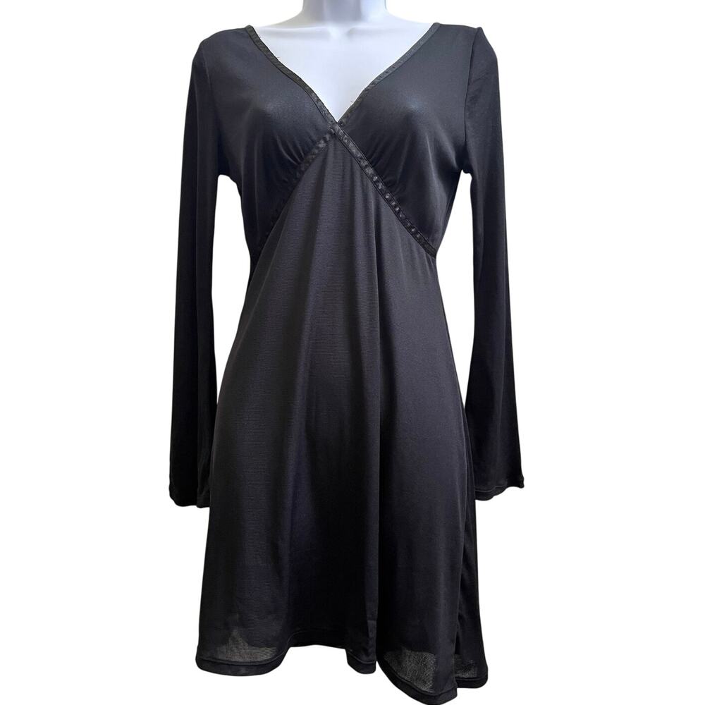 Vintage Y2K INC Sheer V Neck Black Long Sleeve Babydoll Lingerie Slip Medium